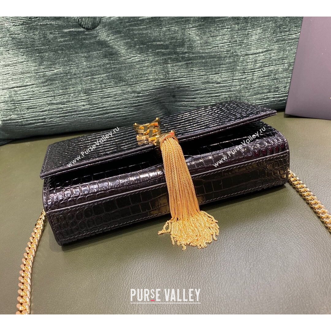 Saint Laurent Kate Small Chain and Tassel Bag in Crocodile Embossed Leather 474366 Black/Gold 2021 TOP (JUND-210823056)