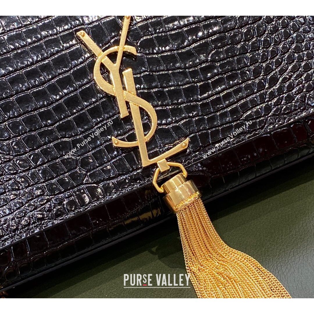 Saint Laurent Kate Small Chain and Tassel Bag in Crocodile Embossed Leather 474366 Black/Gold 2021 TOP (JUND-210823056)