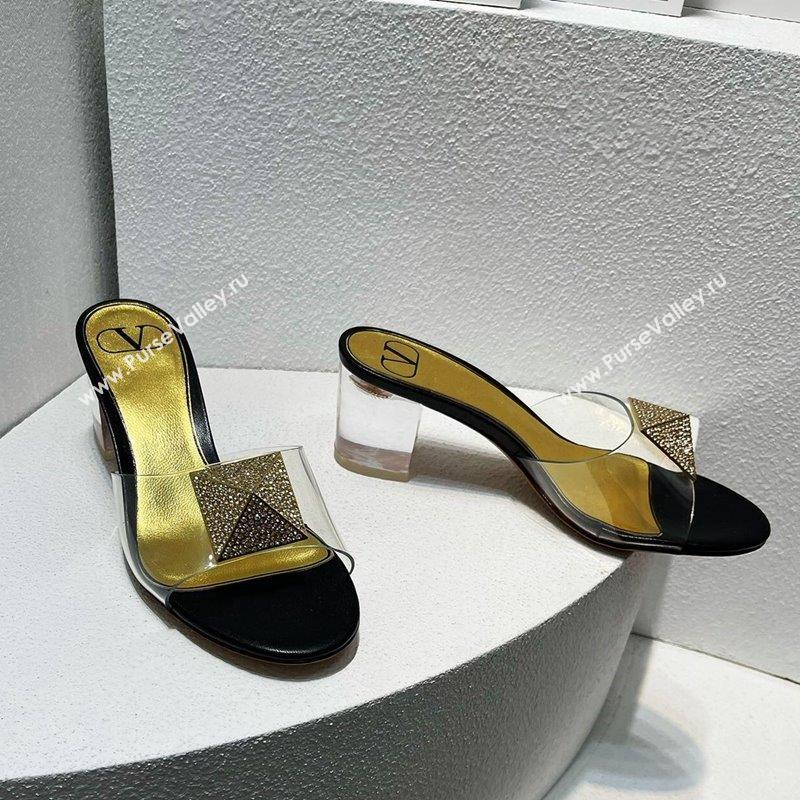 Valentino One Stud PVC Heel Slide Sandals with Crystals and Clear Heel 4.5cm Black/Gold 2023 VT102702 (MD-231027051)