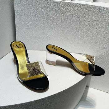 Valentino One Stud PVC Heel Slide Sandals with Crystals and Clear Heel 4.5cm Black/Gold 2023 VT102702 (MD-231027051)