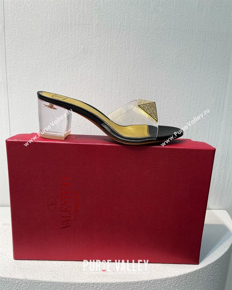 Valentino One Stud PVC Heel Slide Sandals with Crystals and Clear Heel 4.5cm Black/Gold 2023 VT102702 (MD-231027051)