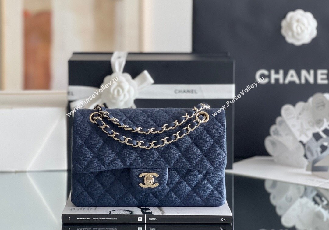 Chanel Grained Calfskin Small Classic Flap Bag A01113 Navy Blue/Light Gold 2023 Original Quality (MHE-23121221)