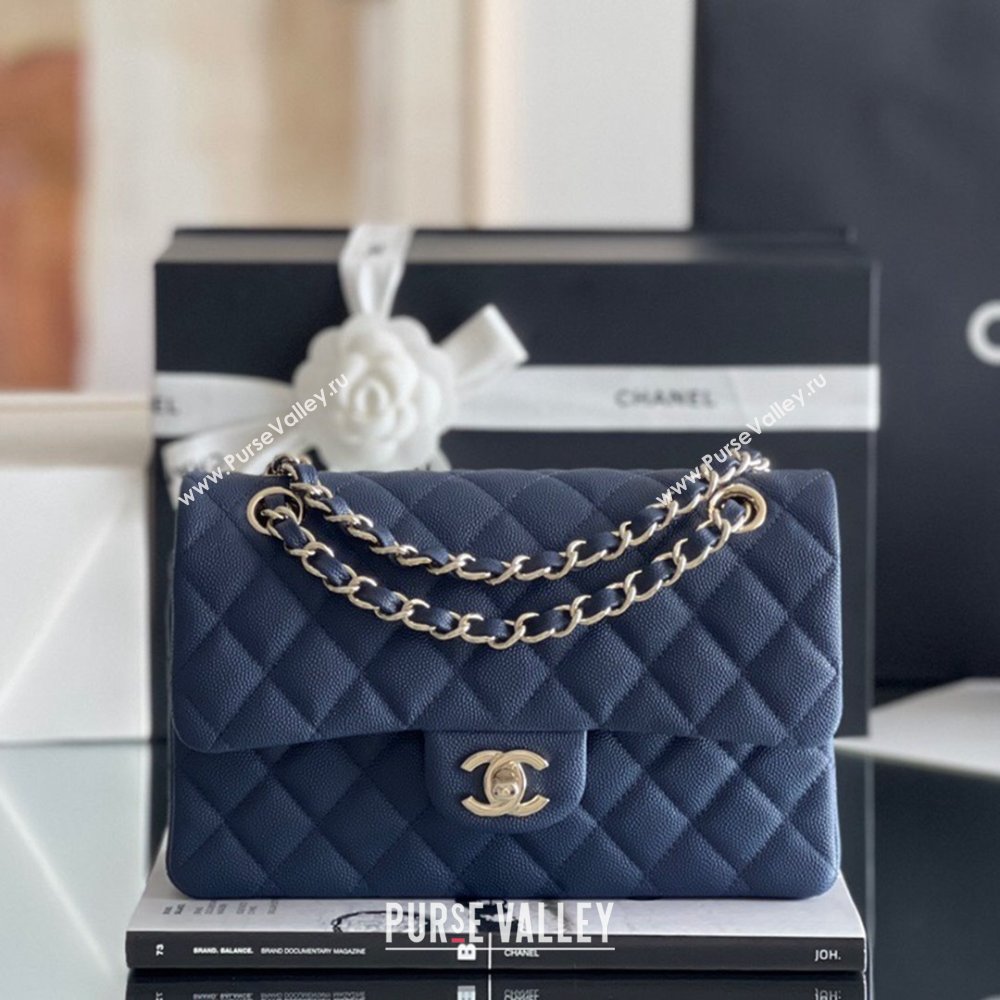 Chanel Grained Calfskin Small Classic Flap Bag A01113 Navy Blue/Light Gold 2023 Original Quality (MHE-23121221)