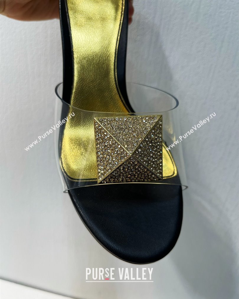 Valentino One Stud PVC Heel Slide Sandals with Crystals and Clear Heel 4.5cm Black/Gold 2023 VT102702 (MD-231027051)