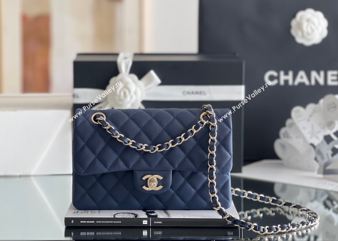 Chanel Grained Calfskin Small Classic Flap Bag A01113 Navy Blue/Light Gold 2023 Original Quality (MHE-23121221)