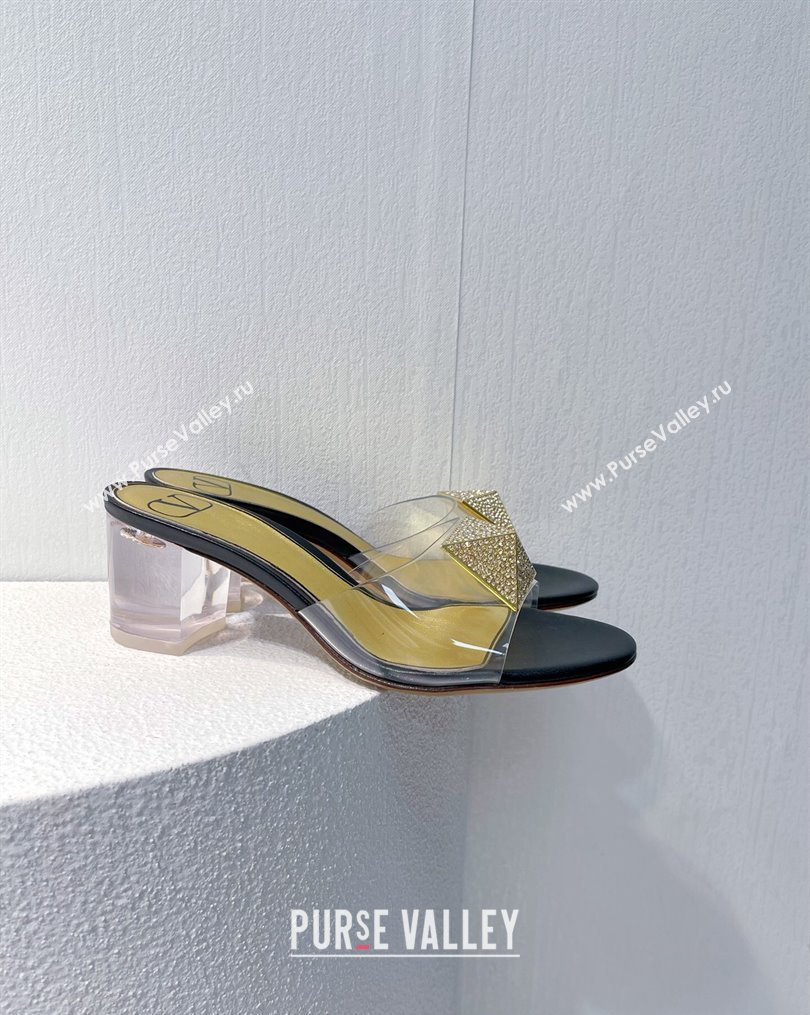 Valentino One Stud PVC Heel Slide Sandals with Crystals and Clear Heel 4.5cm Black/Gold 2023 VT102702 (MD-231027051)