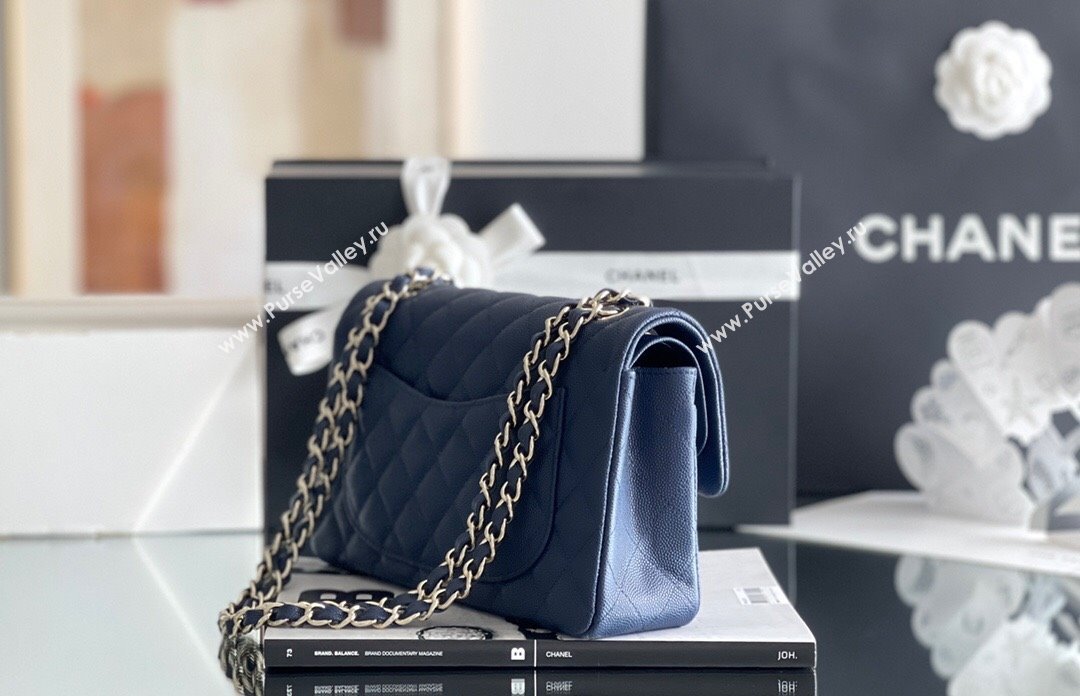 Chanel Grained Calfskin Small Classic Flap Bag A01113 Navy Blue/Light Gold 2023 Original Quality (MHE-23121221)