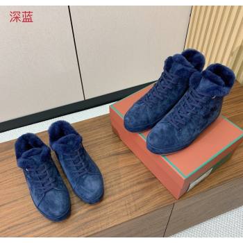 Loro Piana High Top Sneakers/Ankle Boots in Suede and Wool Fur Dark Blue 2025 LP111304 (HH-251211053)