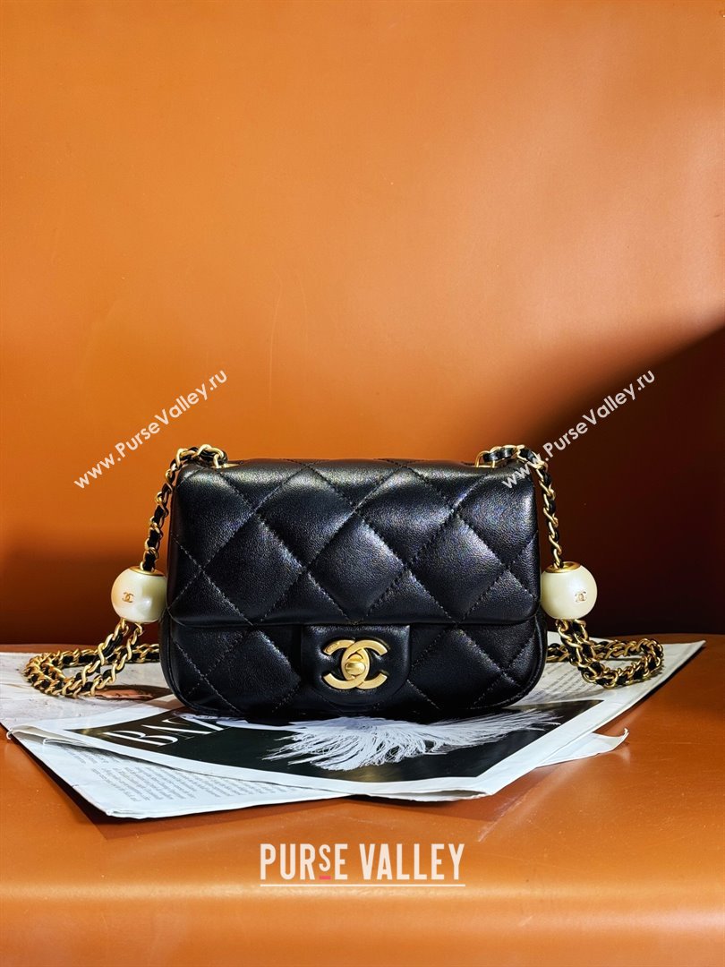 Chanel Lambskin Mini Flap Bag with AS1787 with Imitation Pearls Chain AS4868 Black 2024 (YEZI-24040201)