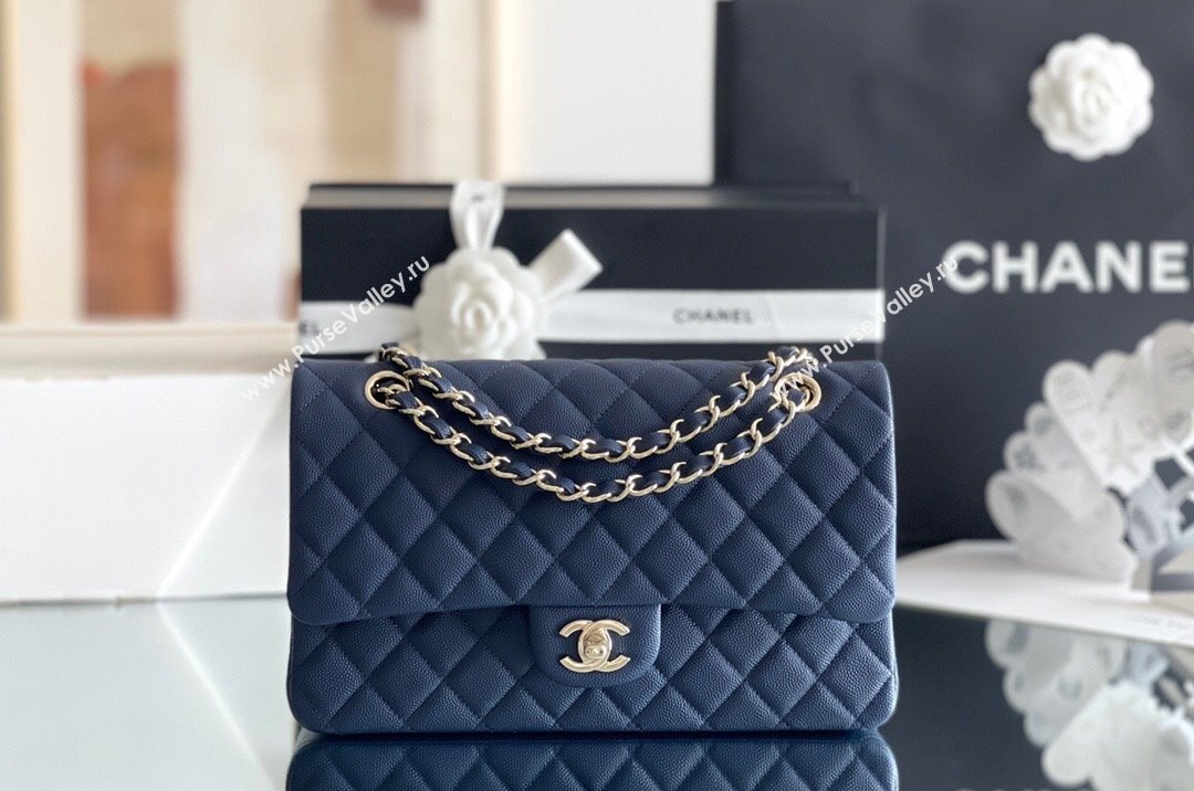 Chanel Grained Calfskin Medium Classic Flap Bag A01112 Navy Blue/Light Gold 2023 Original Quality (MHE-23121226)