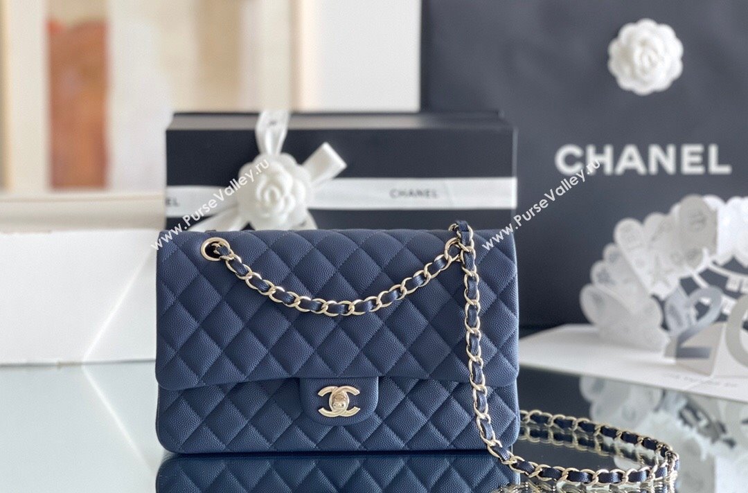 Chanel Grained Calfskin Medium Classic Flap Bag A01112 Navy Blue/Light Gold 2023 Original Quality (MHE-23121226)