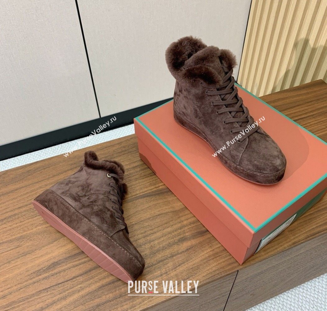 Loro Piana High Top Sneakers/Ankle Boots in Suede and Wool Fur Coffee Brown 2025 LP111304 (HH-251211054)