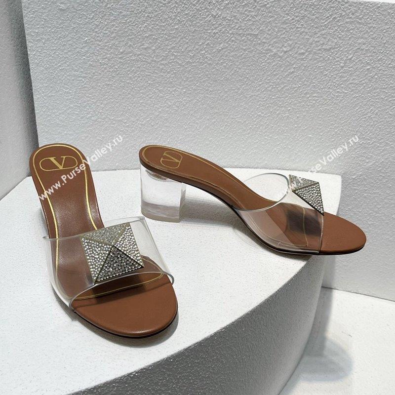 Valentino One Stud PVC Heel Slide Sandals with Crystals and Clear Heel 4.5cm Brown 2023 VT102702 (MD-231027054)