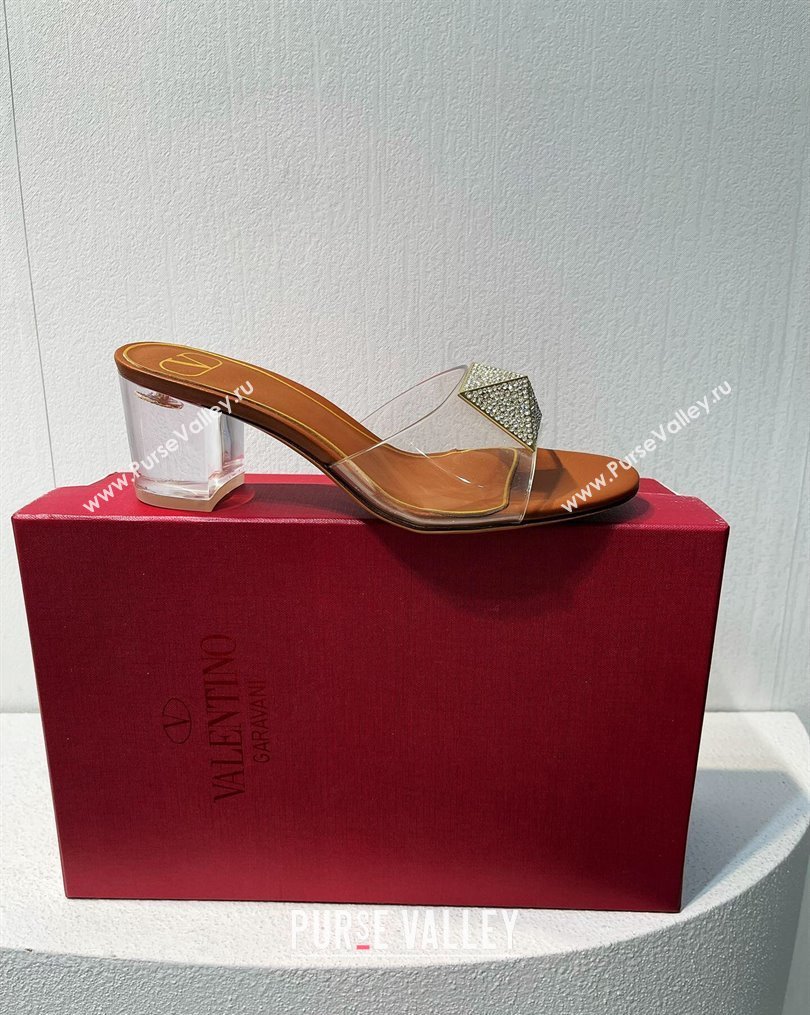 Valentino One Stud PVC Heel Slide Sandals with Crystals and Clear Heel 4.5cm Brown 2023 VT102702 (MD-231027054)