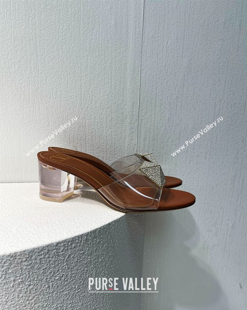 Valentino One Stud PVC Heel Slide Sandals with Crystals and Clear Heel 4.5cm Brown 2023 VT102702 (MD-231027054)