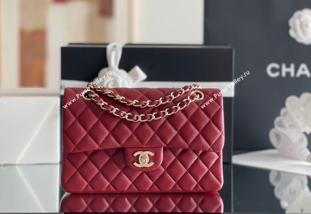 Chanel Grained Calfskin Small Classic Flap Bag A01113 Burgundy/Light Gold 2023 Original Quality (MHE-23121807)