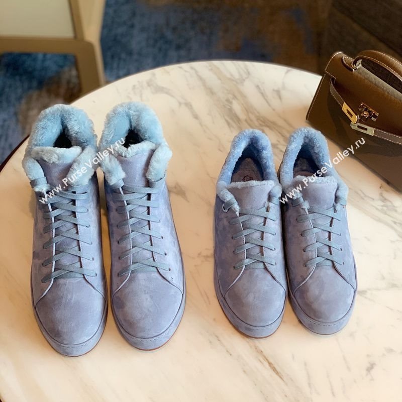 Loro Piana High Top Sneakers/Ankle Boots in Suede and Wool Fur Light Blue 2025 LP111304 (HH-251211057)