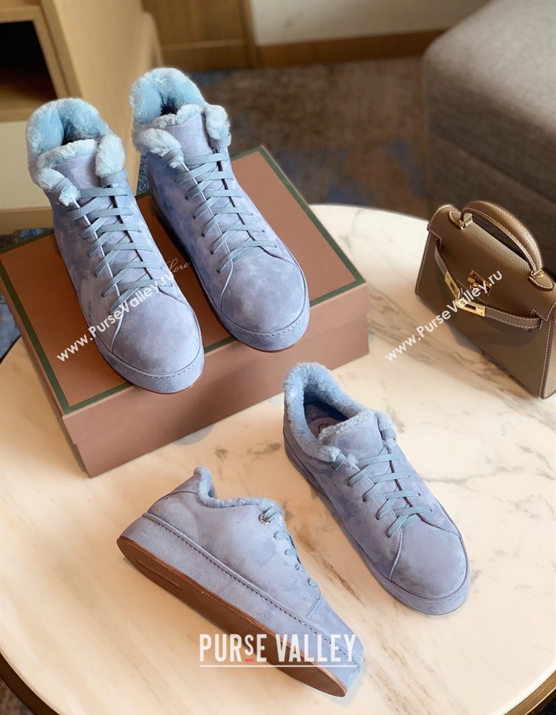 Loro Piana High Top Sneakers/Ankle Boots in Suede and Wool Fur Light Blue 2025 LP111304 (HH-251211057)