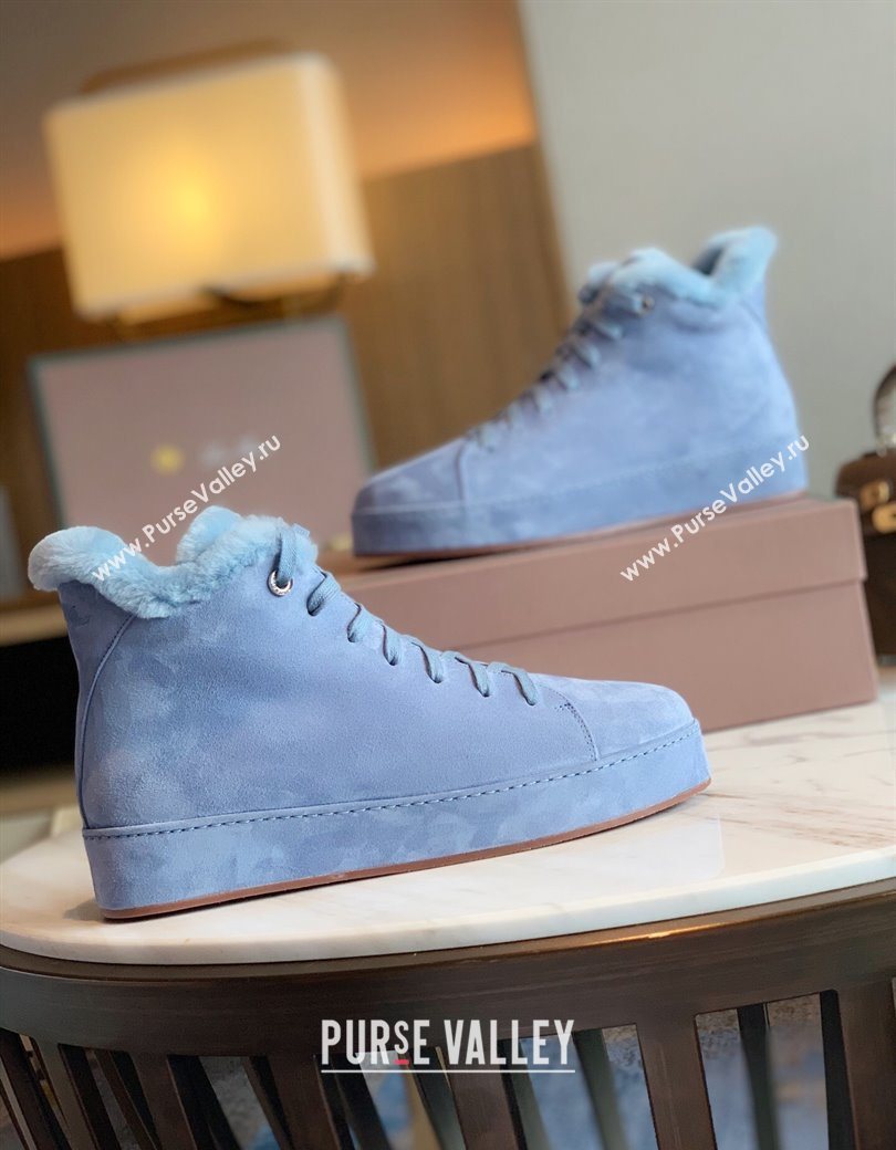 Loro Piana High Top Sneakers/Ankle Boots in Suede and Wool Fur Light Blue 2025 LP111304 (HH-251211057)