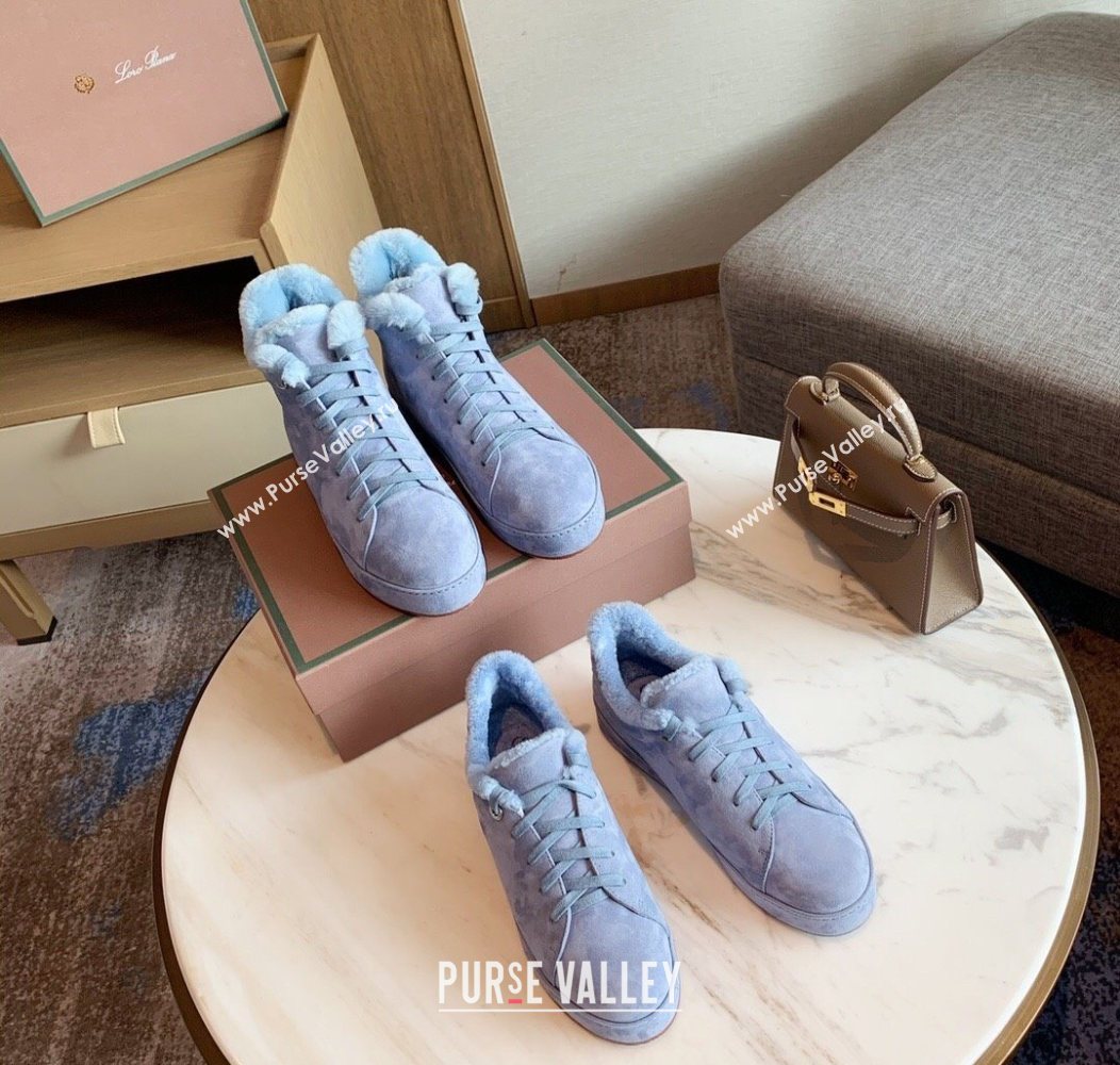 Loro Piana High Top Sneakers/Ankle Boots in Suede and Wool Fur Light Blue 2025 LP111304 (HH-251211057)