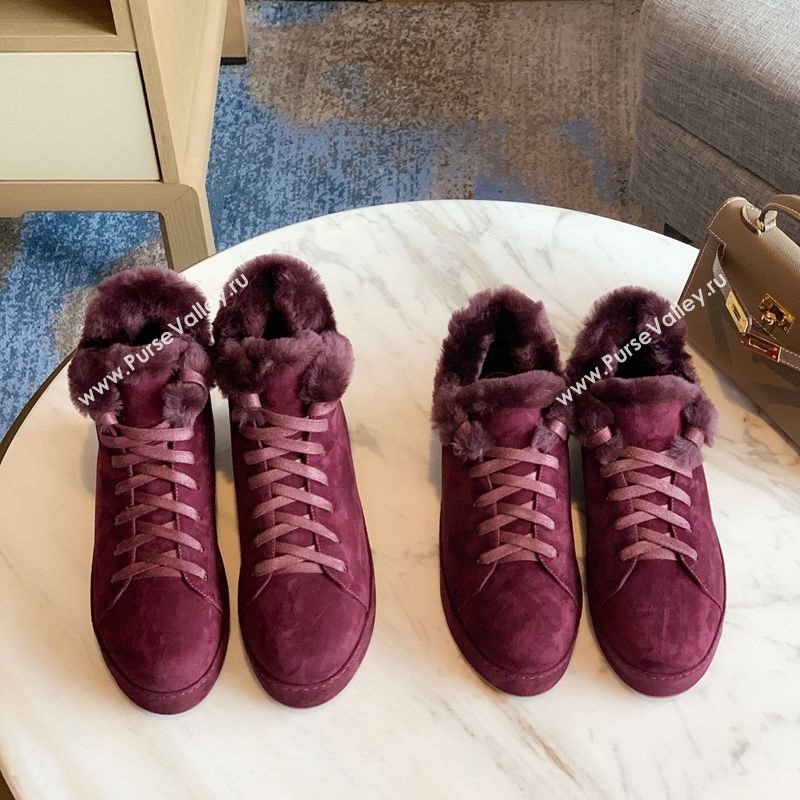 Loro Piana High Top Sneakers/Ankle Boots in Suede and Wool Fur Burgundy 2025 LP111304 (HH-251211059)