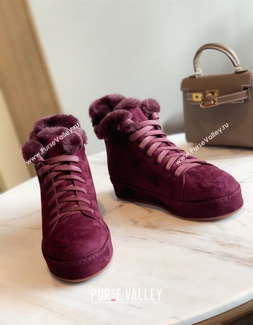 Loro Piana High Top Sneakers/Ankle Boots in Suede and Wool Fur Burgundy 2025 LP111304 (HH-251211059)