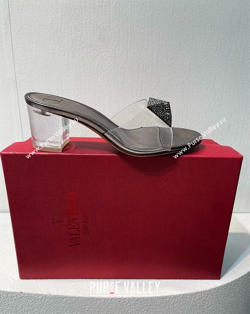 Valentino One Stud PVC Heel Slide Sandals with Crystals and Clear Heel 4.5cm Metallic Grey 2023 VT102702 (MD-231027058)