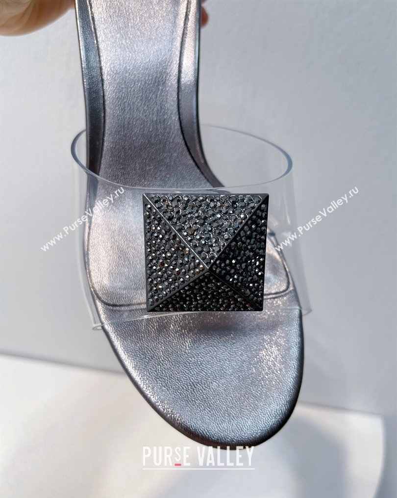 Valentino One Stud PVC Heel Slide Sandals with Crystals and Clear Heel 4.5cm Metallic Grey 2023 VT102702 (MD-231027058)