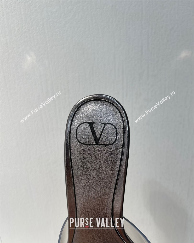 Valentino One Stud PVC Heel Slide Sandals with Crystals and Clear Heel 4.5cm Metallic Grey 2023 VT102702 (MD-231027058)