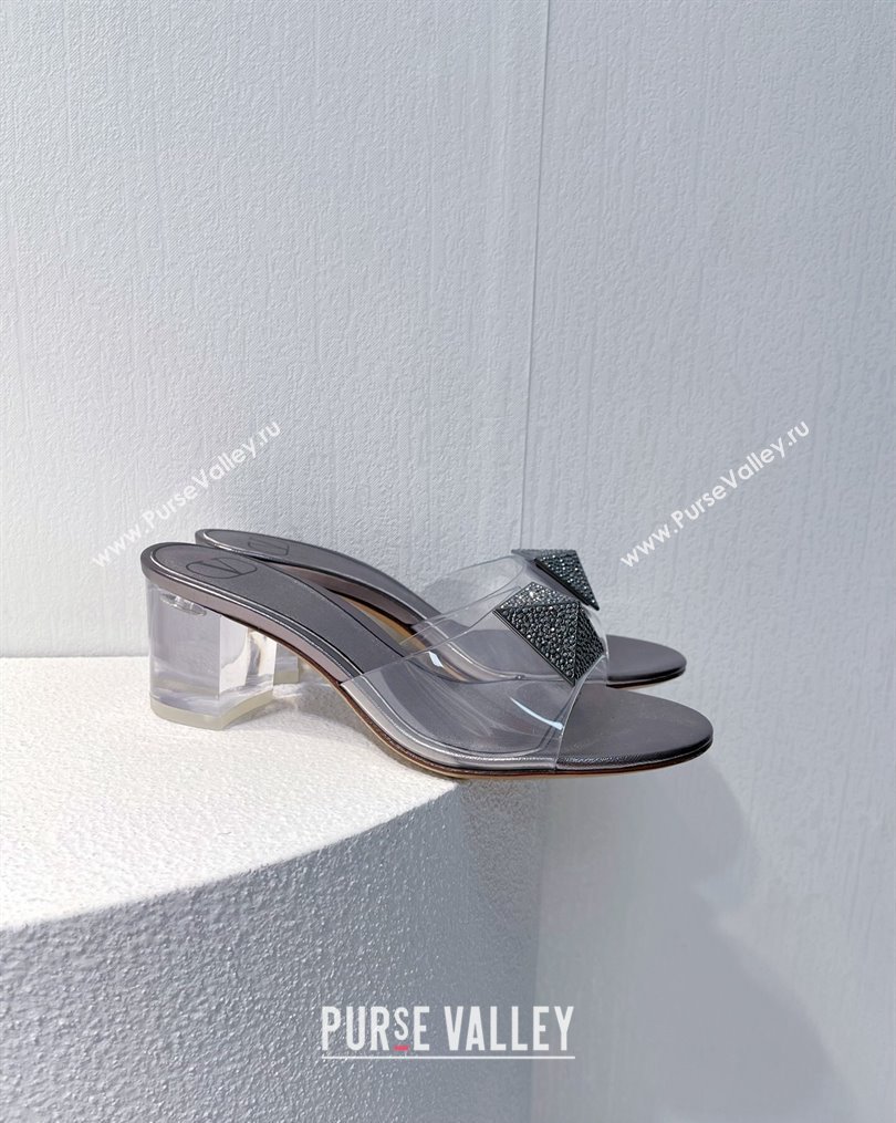 Valentino One Stud PVC Heel Slide Sandals with Crystals and Clear Heel 4.5cm Metallic Grey 2023 VT102702 (MD-231027058)