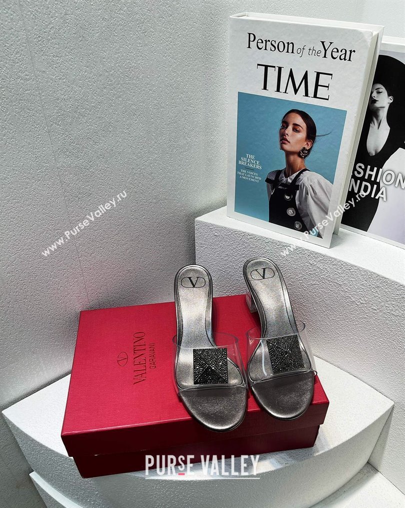 Valentino One Stud PVC Heel Slide Sandals with Crystals and Clear Heel 4.5cm Metallic Grey 2023 VT102702 (MD-231027058)