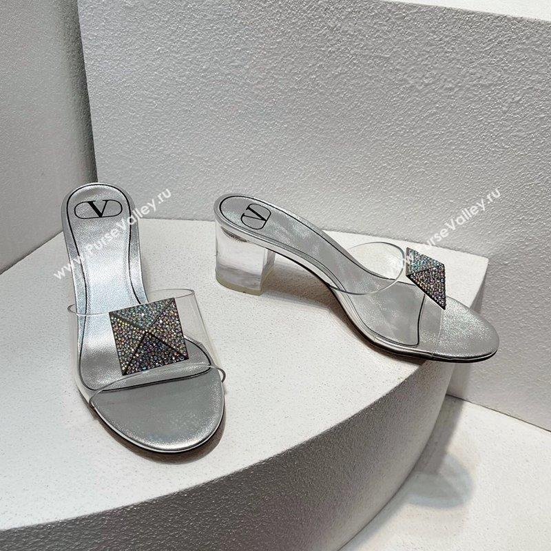 Valentino One Stud PVC Heel Slide Sandals with Crystals and Clear Heel 4.5cm Silver 2023 VT102702 (MD-231027059)