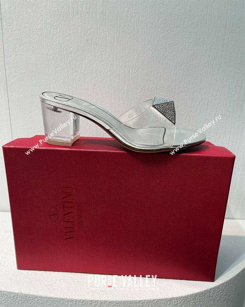 Valentino One Stud PVC Heel Slide Sandals with Crystals and Clear Heel 4.5cm Silver 2023 VT102702 (MD-231027059)