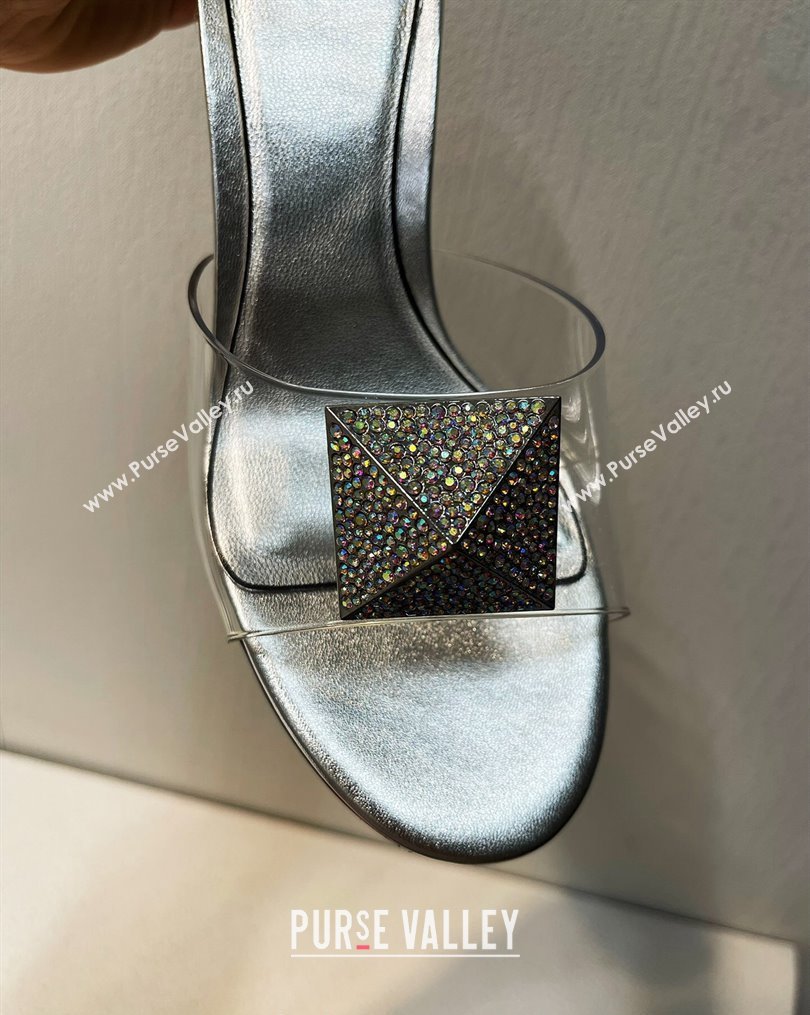 Valentino One Stud PVC Heel Slide Sandals with Crystals and Clear Heel 4.5cm Silver 2023 VT102702 (MD-231027059)