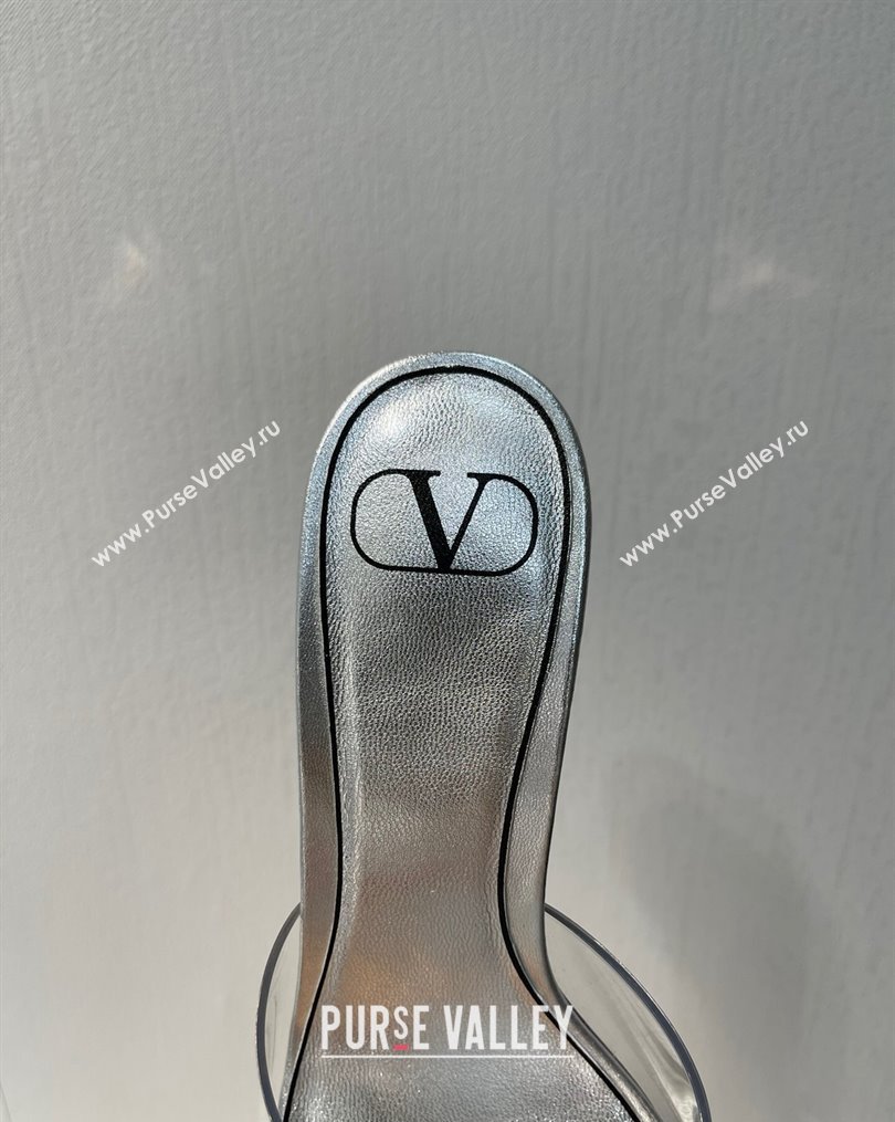 Valentino One Stud PVC Heel Slide Sandals with Crystals and Clear Heel 4.5cm Silver 2023 VT102702 (MD-231027059)