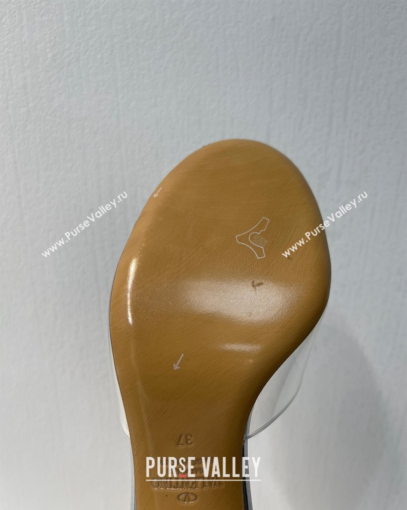 Valentino One Stud PVC Heel Slide Sandals with Crystals and Clear Heel 4.5cm Silver 2023 VT102702 (MD-231027059)