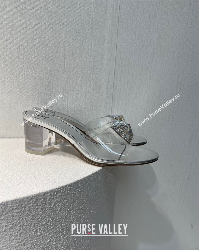 Valentino One Stud PVC Heel Slide Sandals with Crystals and Clear Heel 4.5cm Silver 2023 VT102702 (MD-231027059)