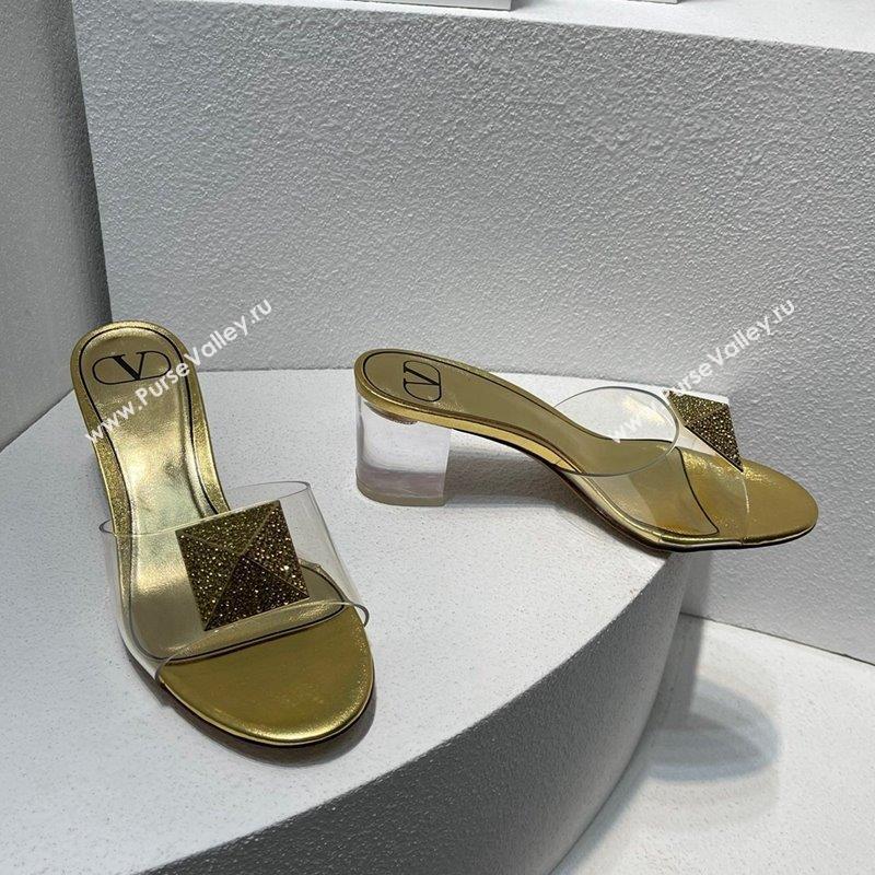 Valentino One Stud PVC Heel Slide Sandals with Crystals and Clear Heel 4.5cm Gold 2023 VT102702 (MD-231027060)