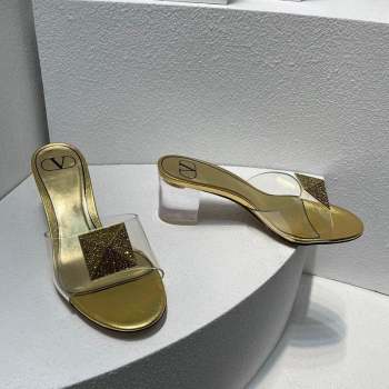 Valentino One Stud PVC Heel Slide Sandals with Crystals and Clear Heel 4.5cm Gold 2023 VT102702 (MD-231027060)