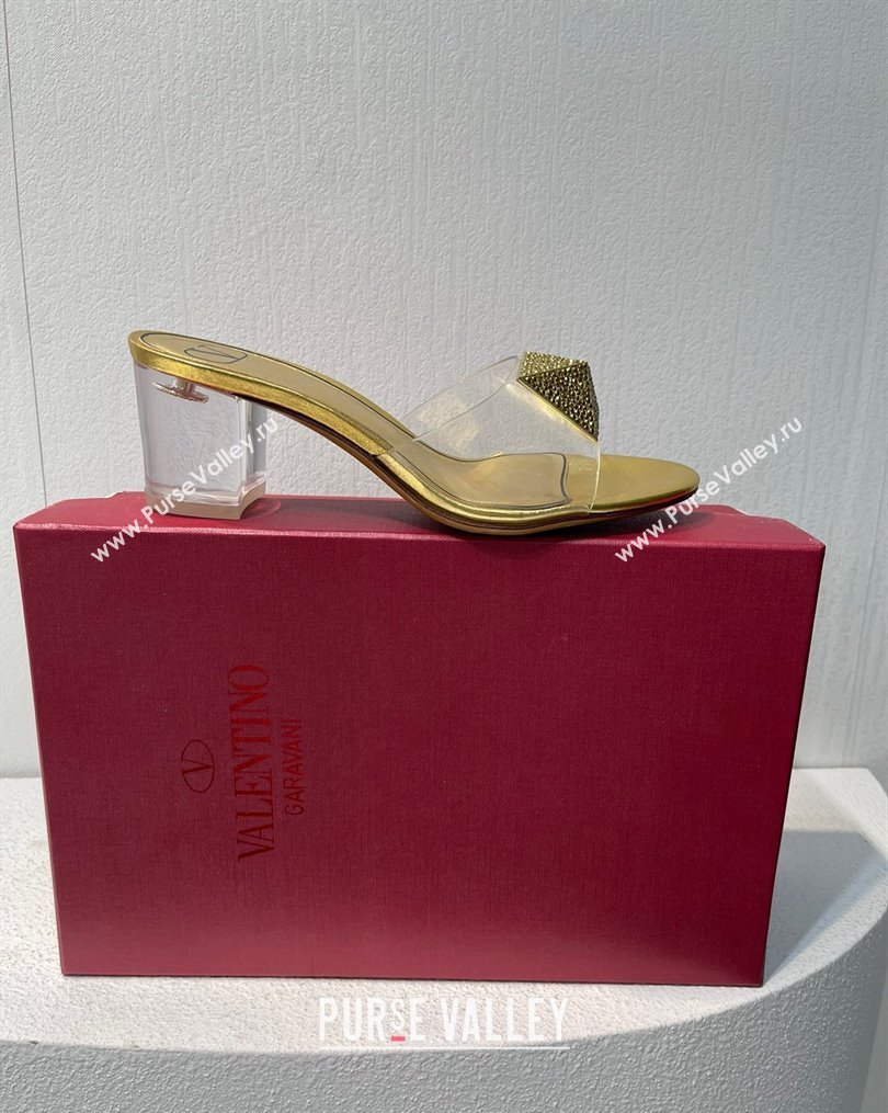 Valentino One Stud PVC Heel Slide Sandals with Crystals and Clear Heel 4.5cm Gold 2023 VT102702 (MD-231027060)