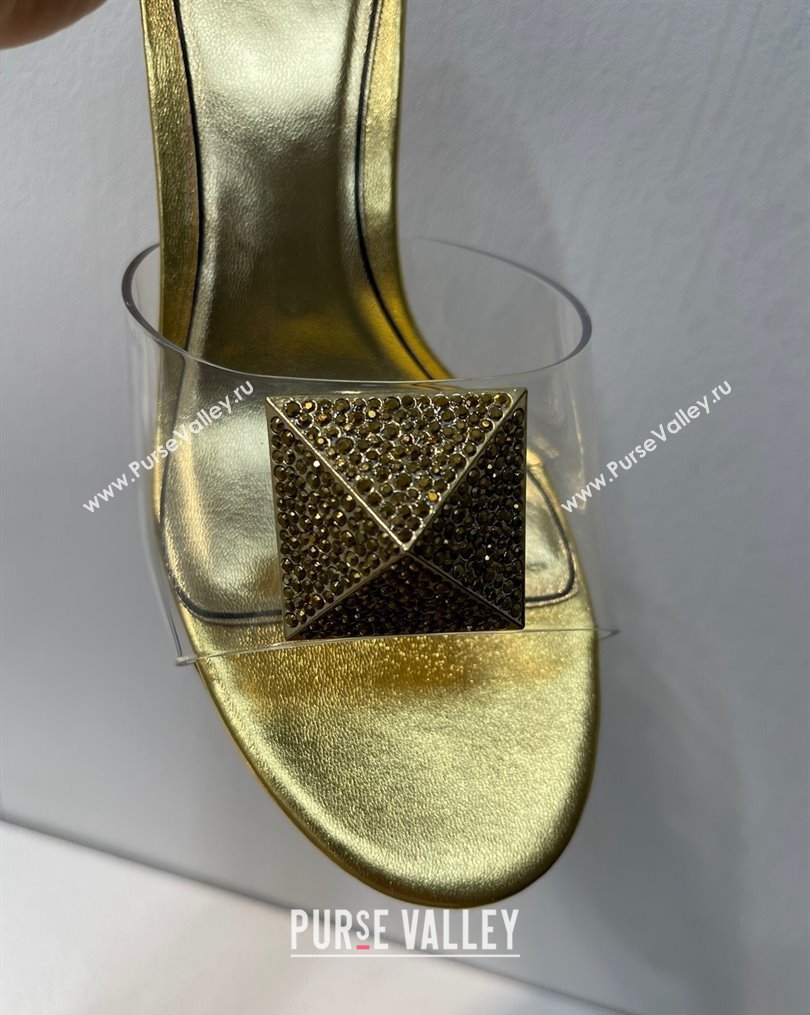 Valentino One Stud PVC Heel Slide Sandals with Crystals and Clear Heel 4.5cm Gold 2023 VT102702 (MD-231027060)