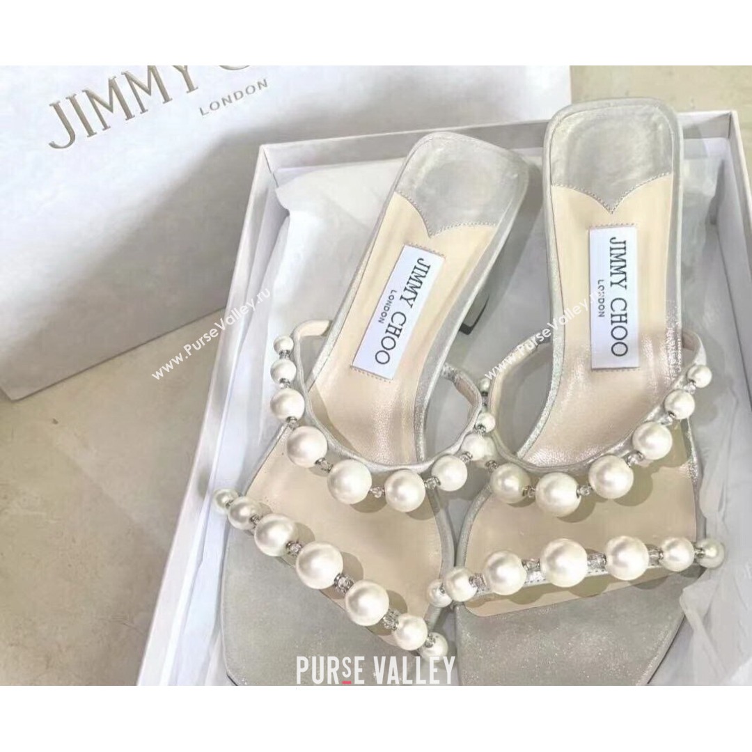 Jimmy Choo Leather Pearl Heel Slide Sandals 4.5cm Silver 2021 (MD-21081211)