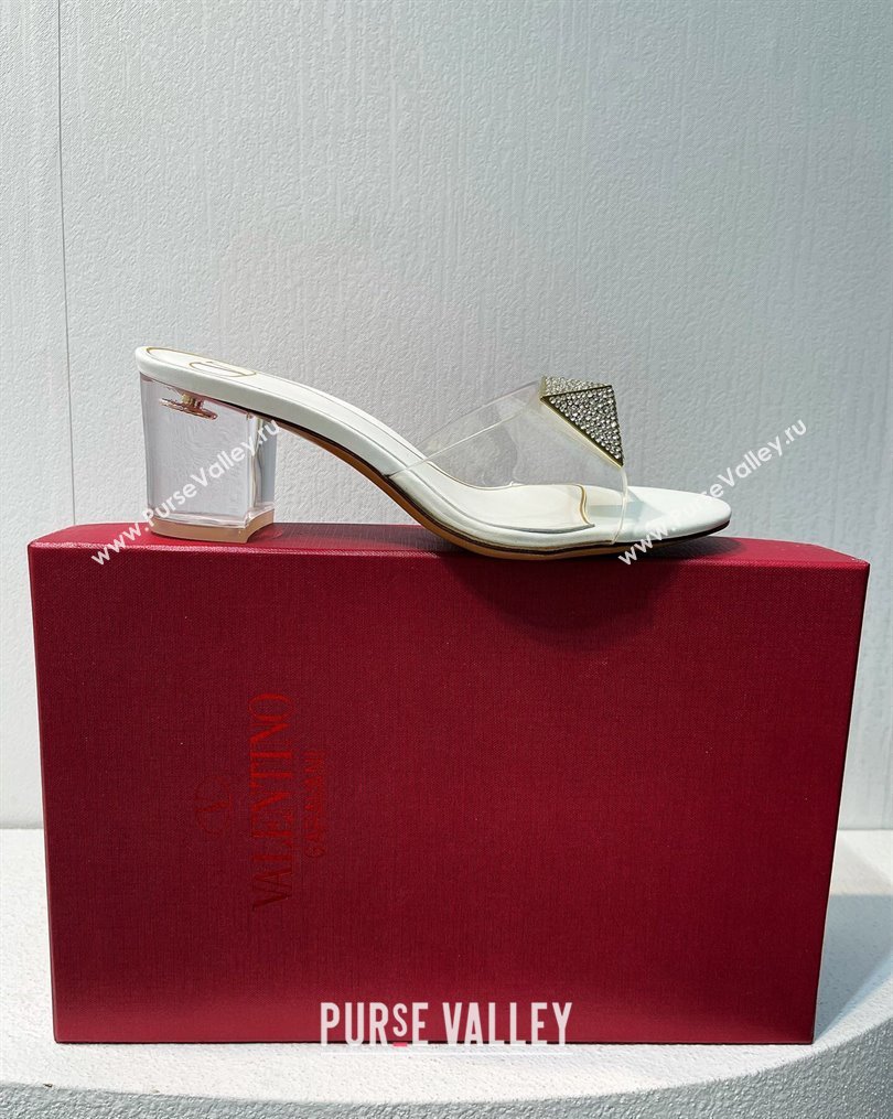 Valentino One Stud PVC Heel Slide Sandals with Crystals and Clear Heel 4.5cm White 2023 VT102702 (MD-231027062)