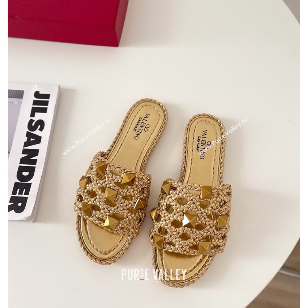 Valentino Roman Stud Flat Slide Sandals in Woven Leather Gold 2021 (MD-21081137)