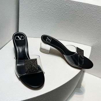 Valentino One Stud PVC Heel Slide Sandals with Crystals and Clear Heel 4.5cm Black 2023 VT102702 (MD-231027063)