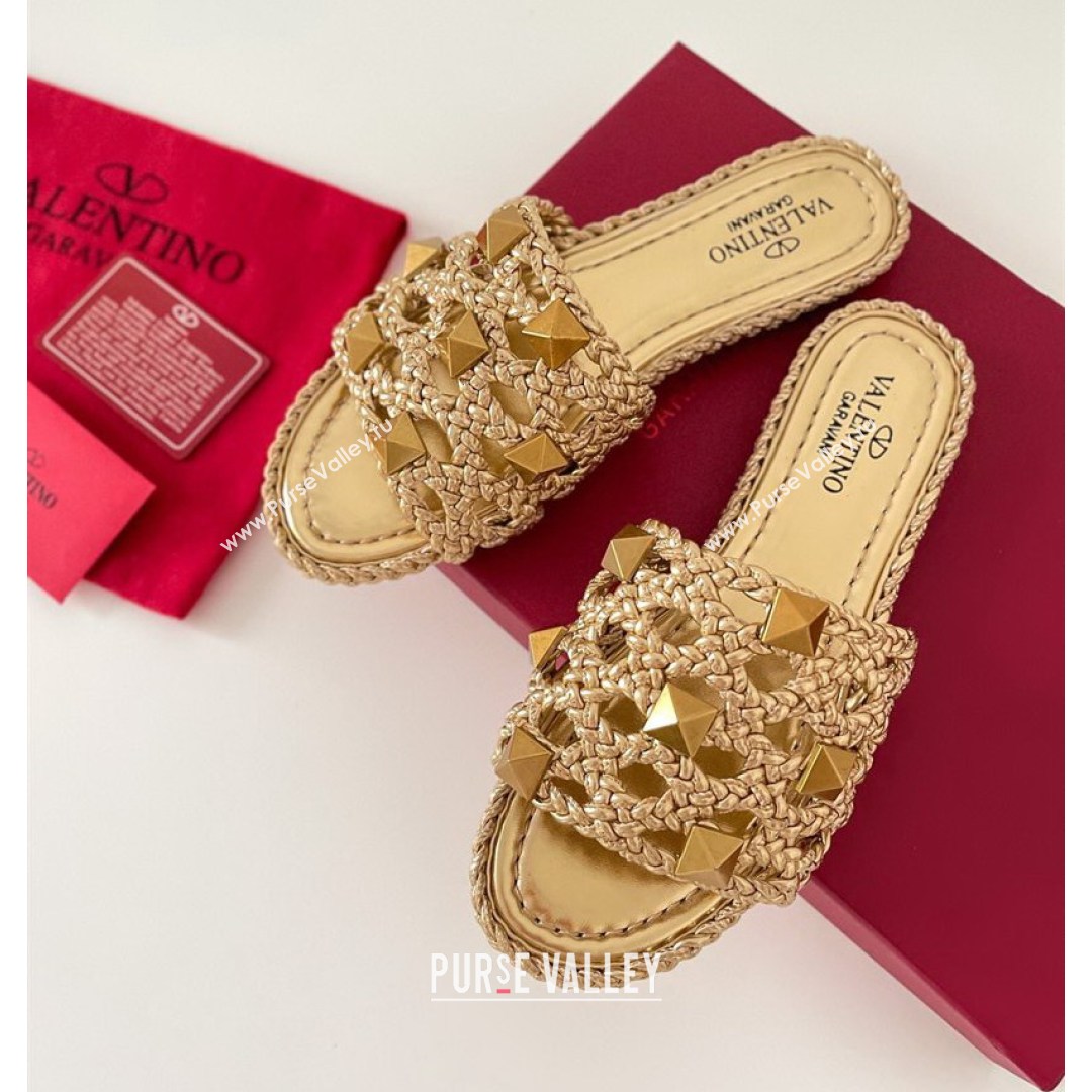 Valentino Roman Stud Flat Slide Sandals in Woven Leather Gold 2021 (MD-21081137)