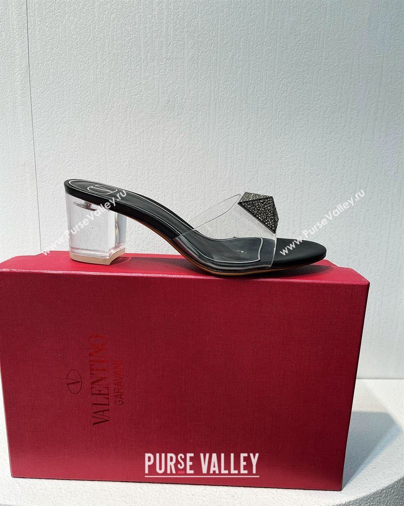 Valentino One Stud PVC Heel Slide Sandals with Crystals and Clear Heel 4.5cm Black 2023 VT102702 (MD-231027063)