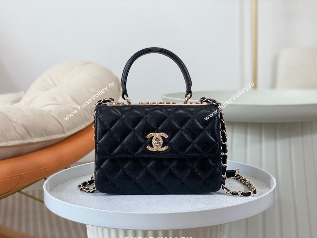 Chanel Trendy CC Quilted Lambskin Mini Flap Bag with Top handle and Metal-Tone Band AS4654 Black 2024 (SM-24072221)