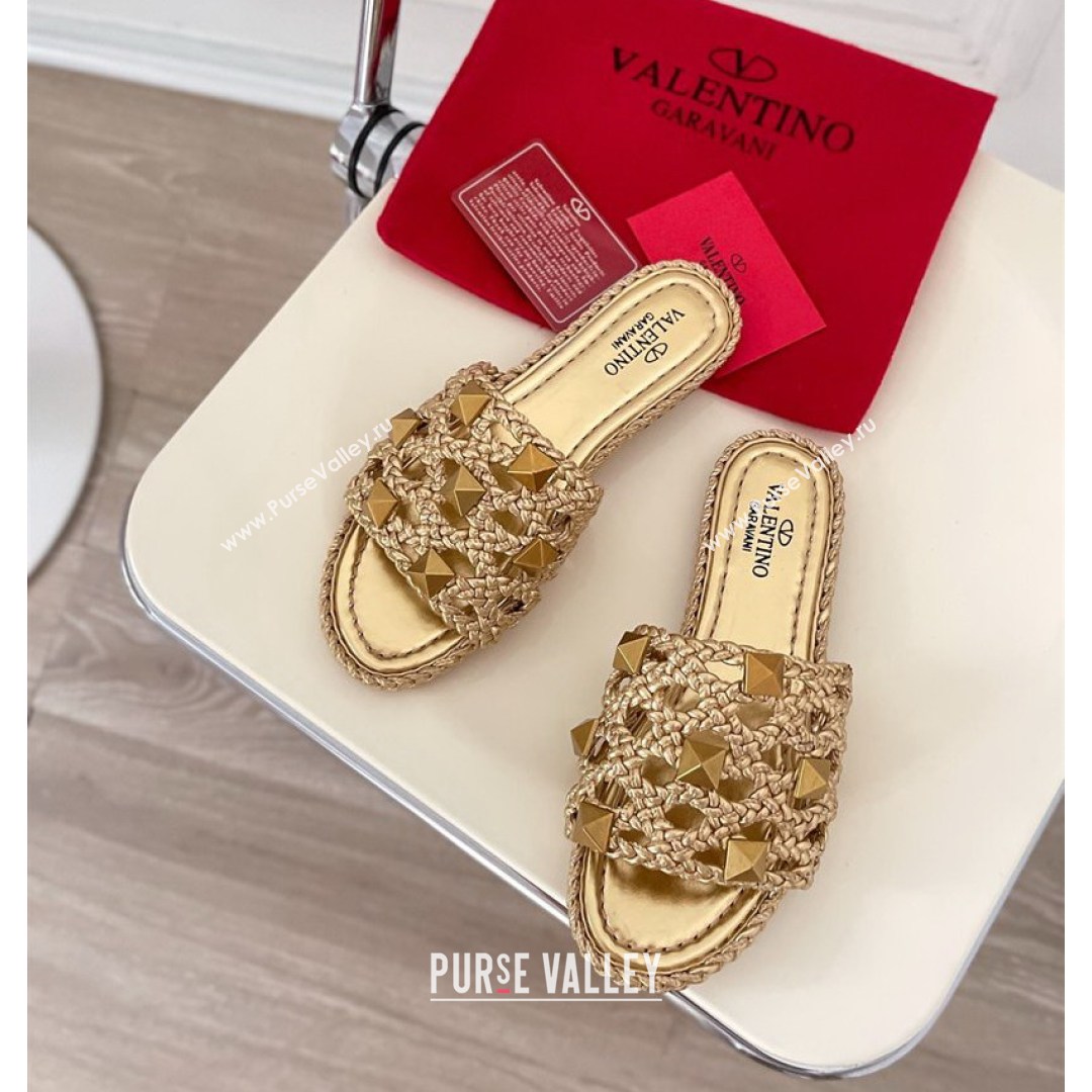 Valentino Roman Stud Flat Slide Sandals in Woven Leather Gold 2021 (MD-21081137)