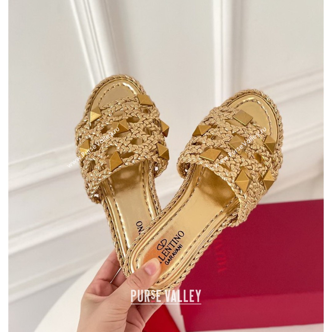 Valentino Roman Stud Flat Slide Sandals in Woven Leather Gold 2021 (MD-21081137)